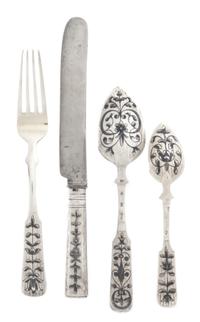 A Russian Niello Silver Dessert Service, Pyotr Dimitrov and other maker, 19th Century, the forks and spoons of fiddle form, comprising: