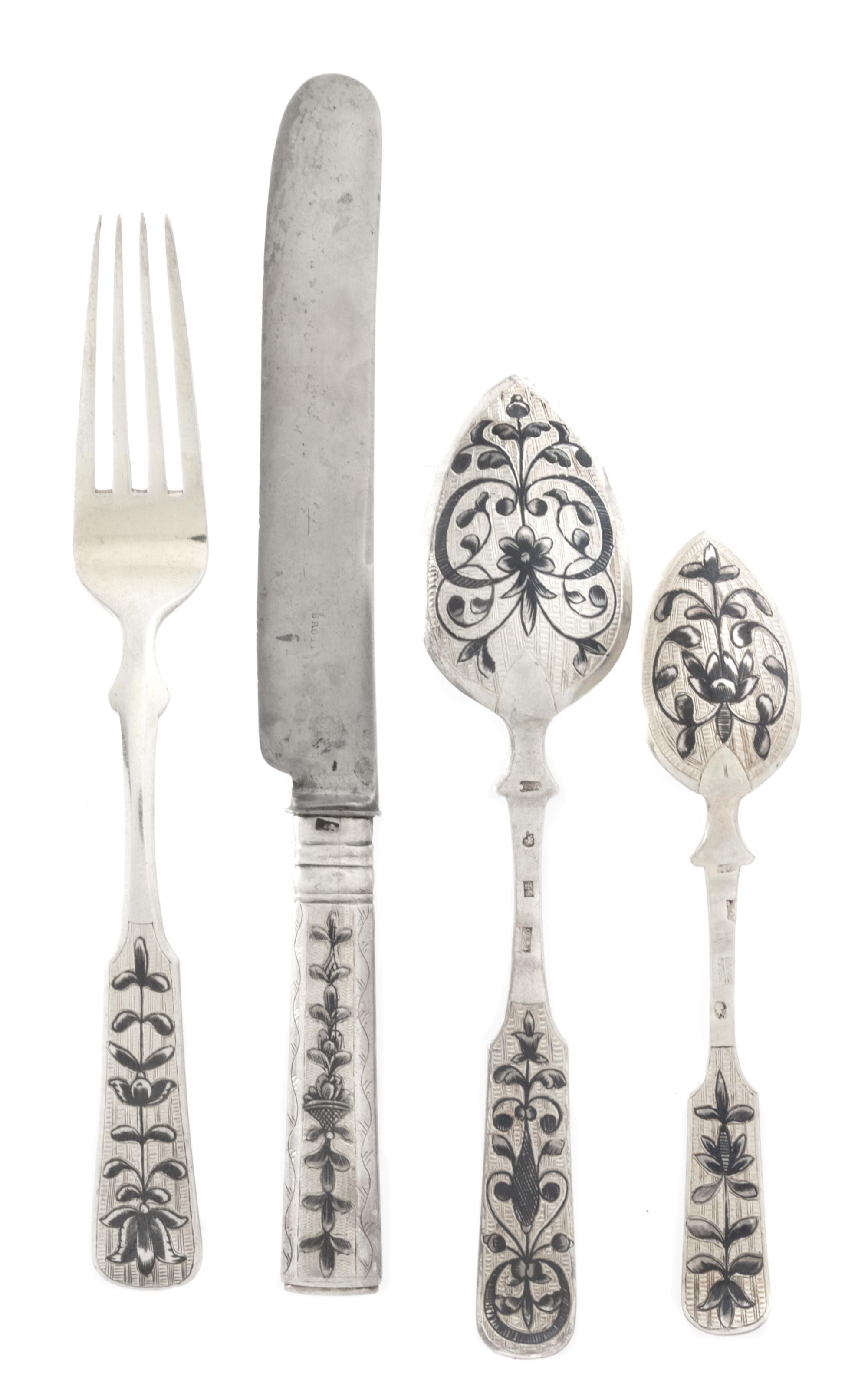 A Russian Niello Silver Dessert Service, Pyotr Dimitrov and other maker, 19th Century, the forks and spoons of fiddle form, comprising: