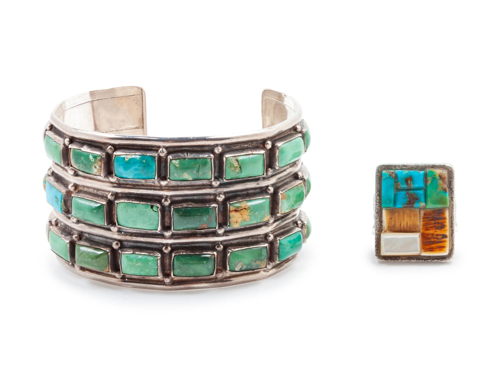 Multi Stone Ring, together with Turquoise and Silver Cuff Bracelet