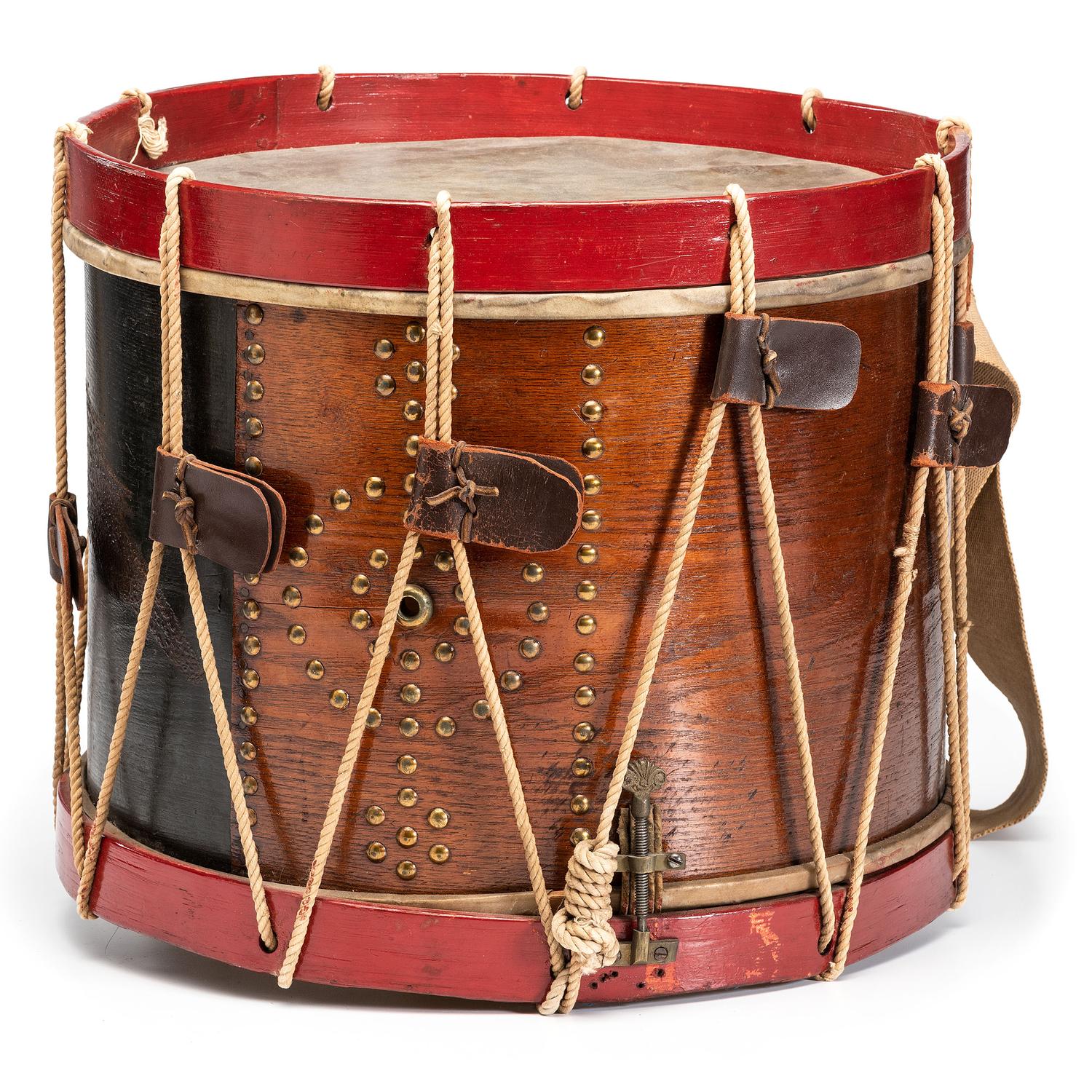 Civil War painted US regulation eagle drum with sticks. Manufactured by C.M. Zimmerman, Philadelphia, PA.