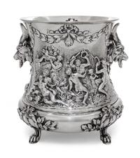 A German Silver Wine Cooler, Storck & Sinsheimer, Hanau, Early 20th Century, of campagna form, cast with a Bacchic merry-marking scenes