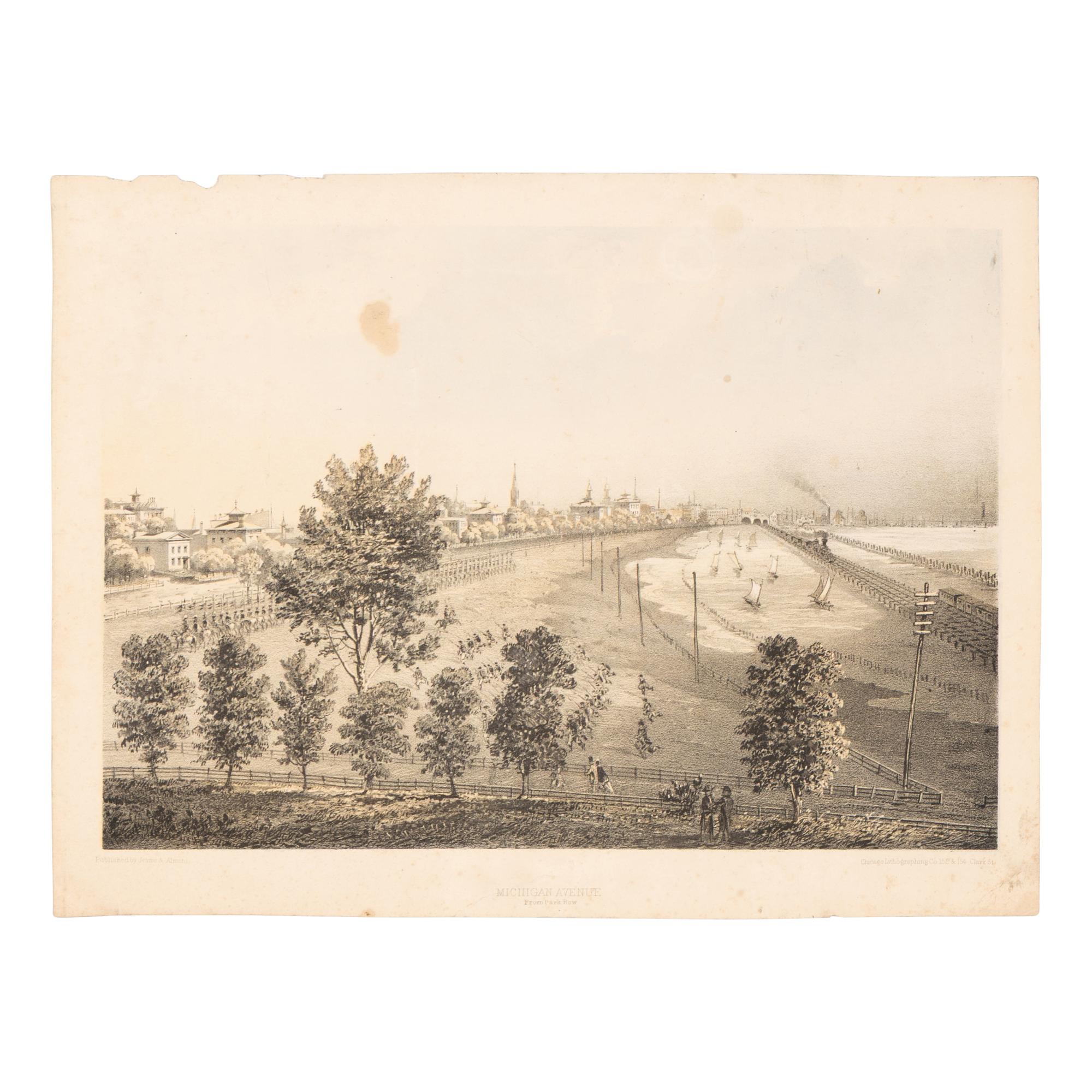 [Chicago Fire]. A group of 10 prints and 2 paintings, showing views of Chicago before and after the Great Fire, including: