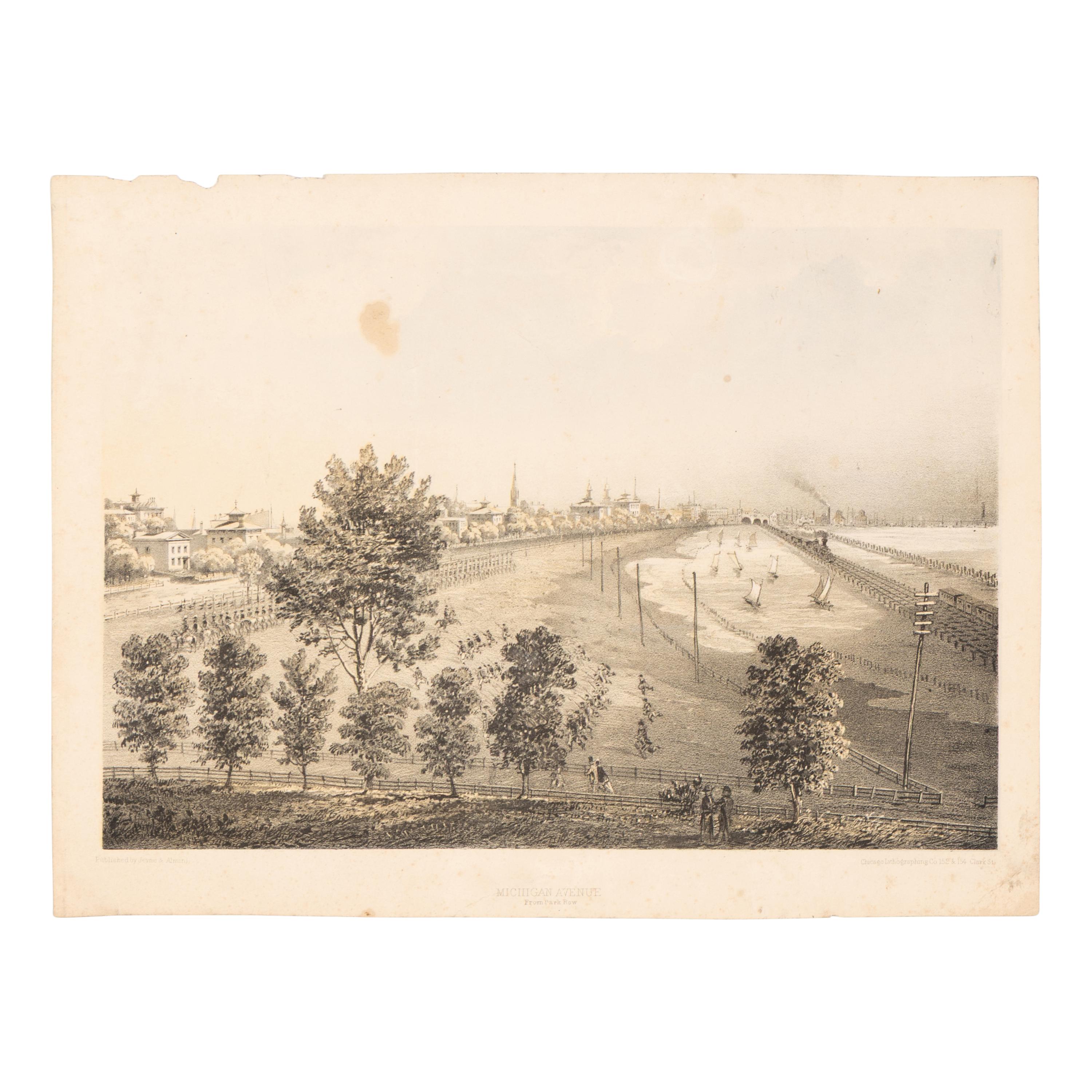 [Chicago Fire]. A group of 10 prints and 2 paintings, showing views of Chicago before and after the Great Fire, including: