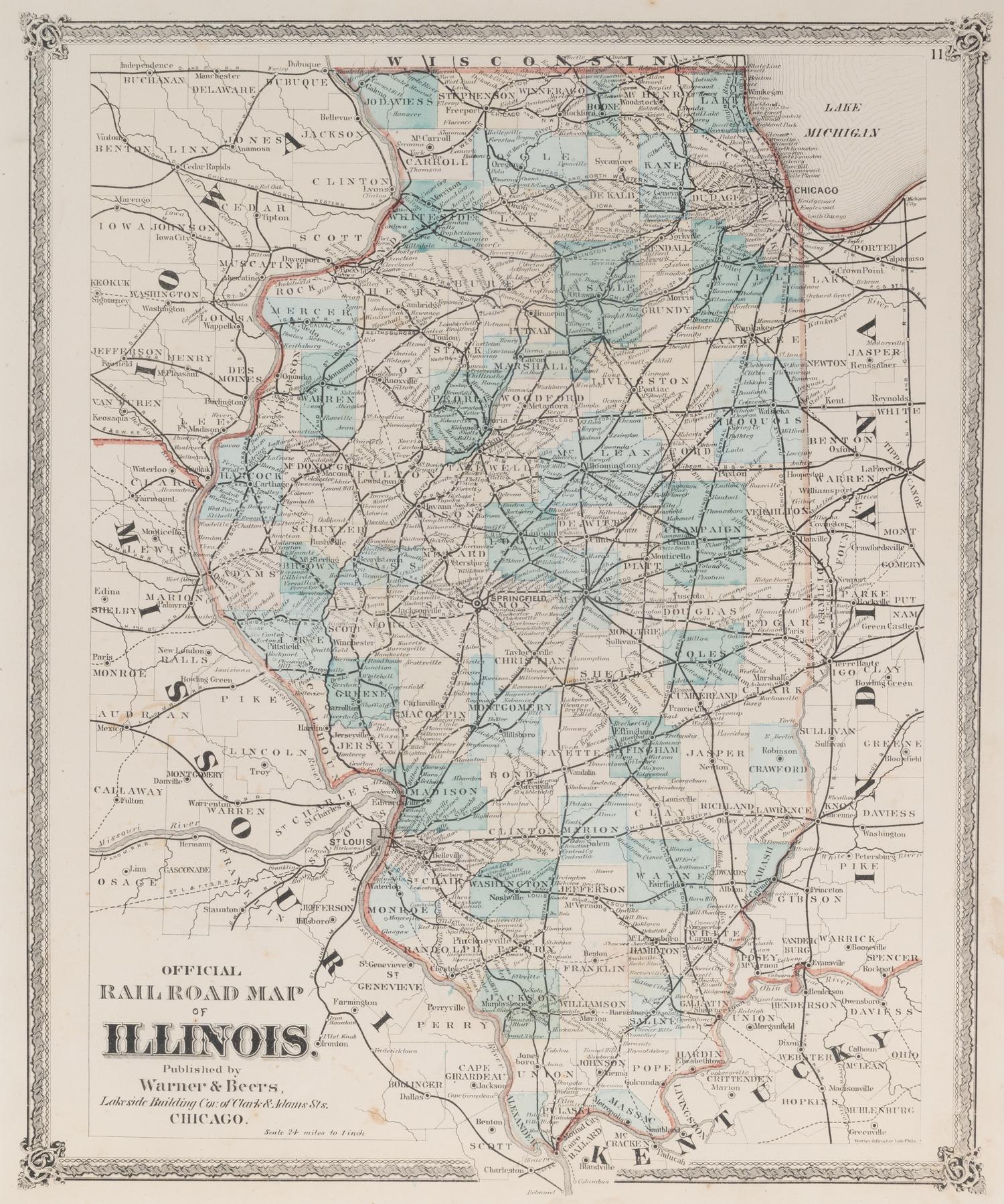 Official Road Map of Illinois. Chicago: Warner & Beers, N.d. Plate 11. 25 ¾ x 23 ¾ in. Matted and framed.