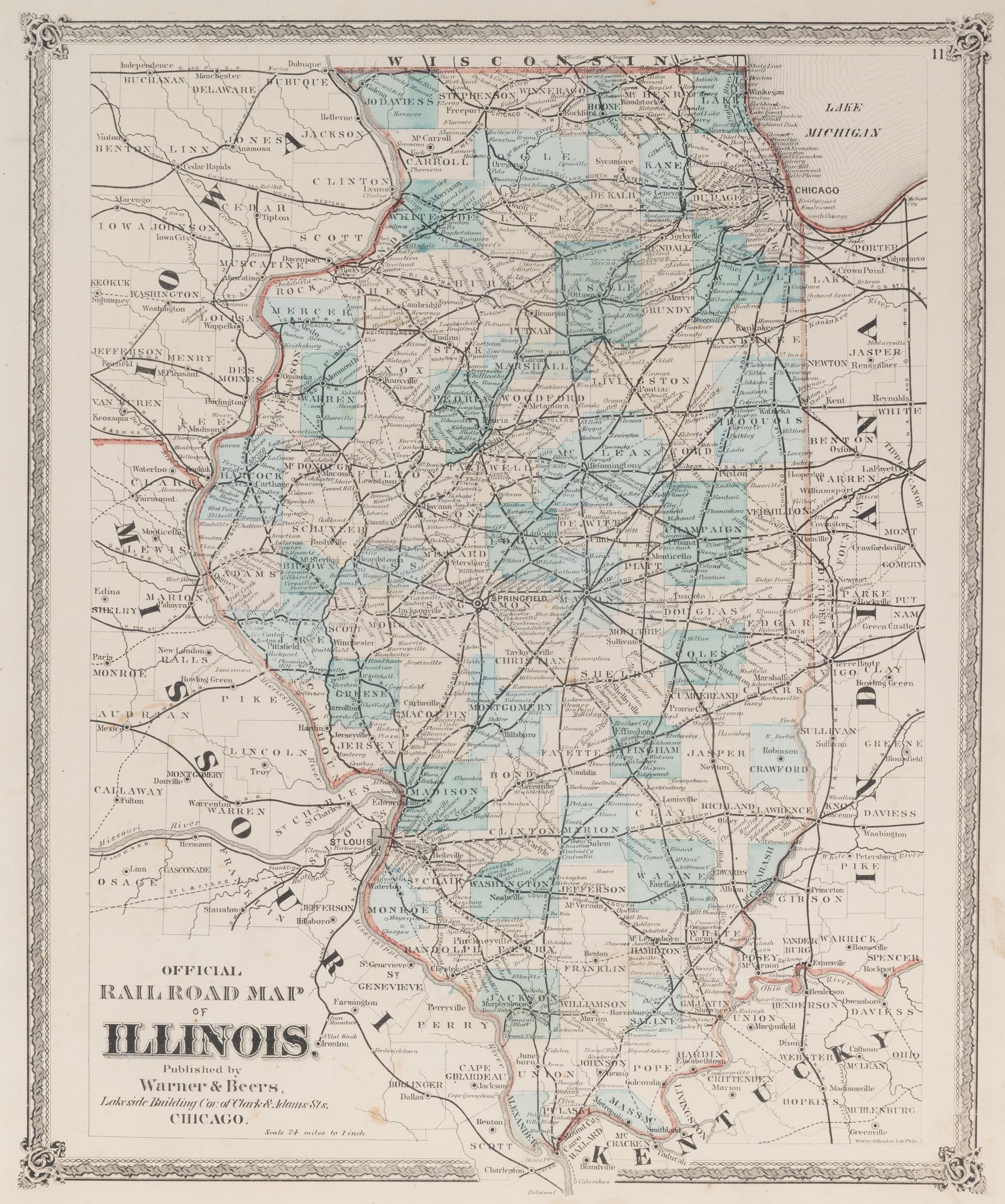 Official Road Map of Illinois. Chicago: Warner & Beers, N.d. Plate 11. 25 ¾ x 23 ¾ in. Matted and framed.