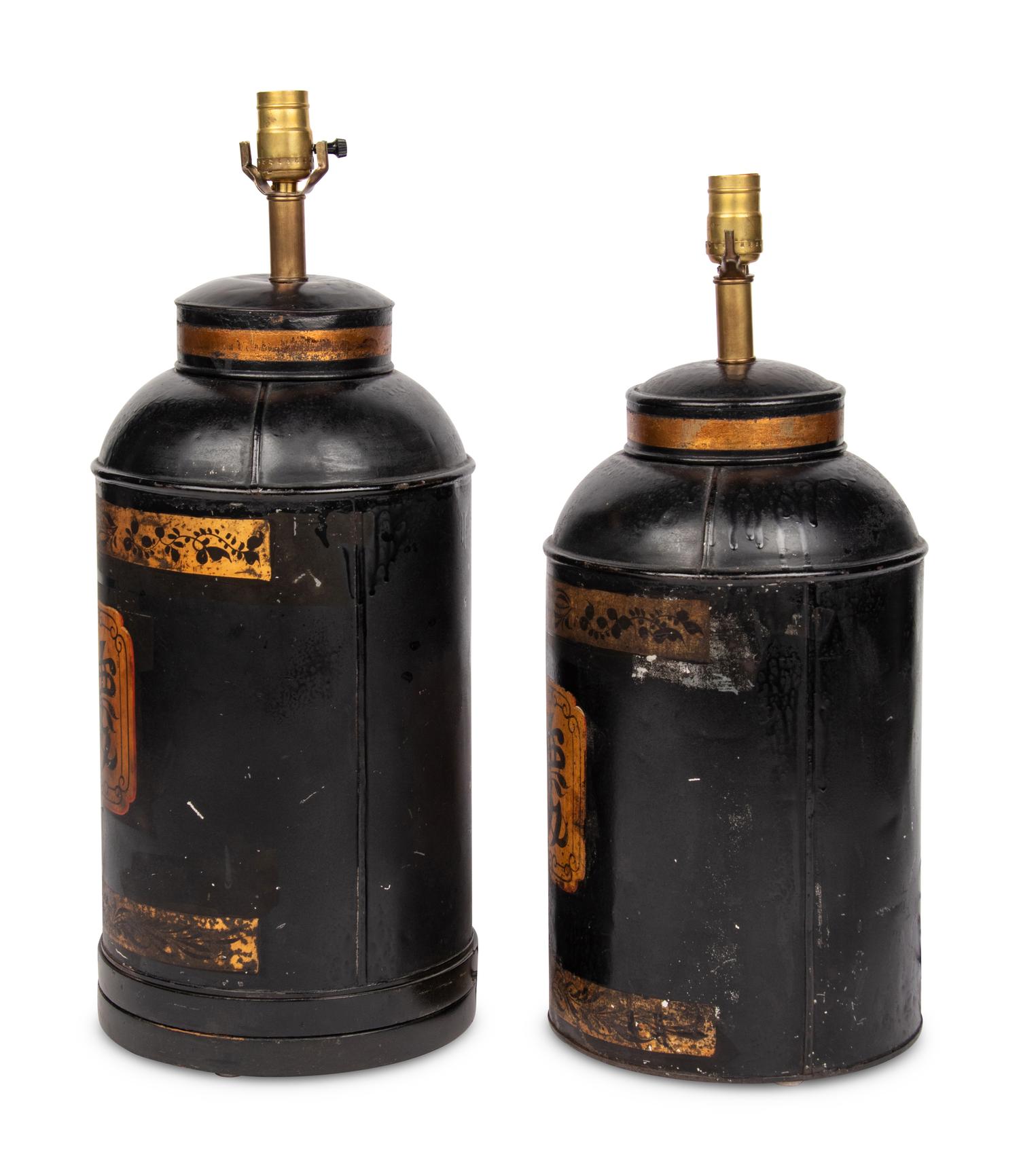 Two Chinese Tôle Peinte Tea Canisters Mounted as Lamps