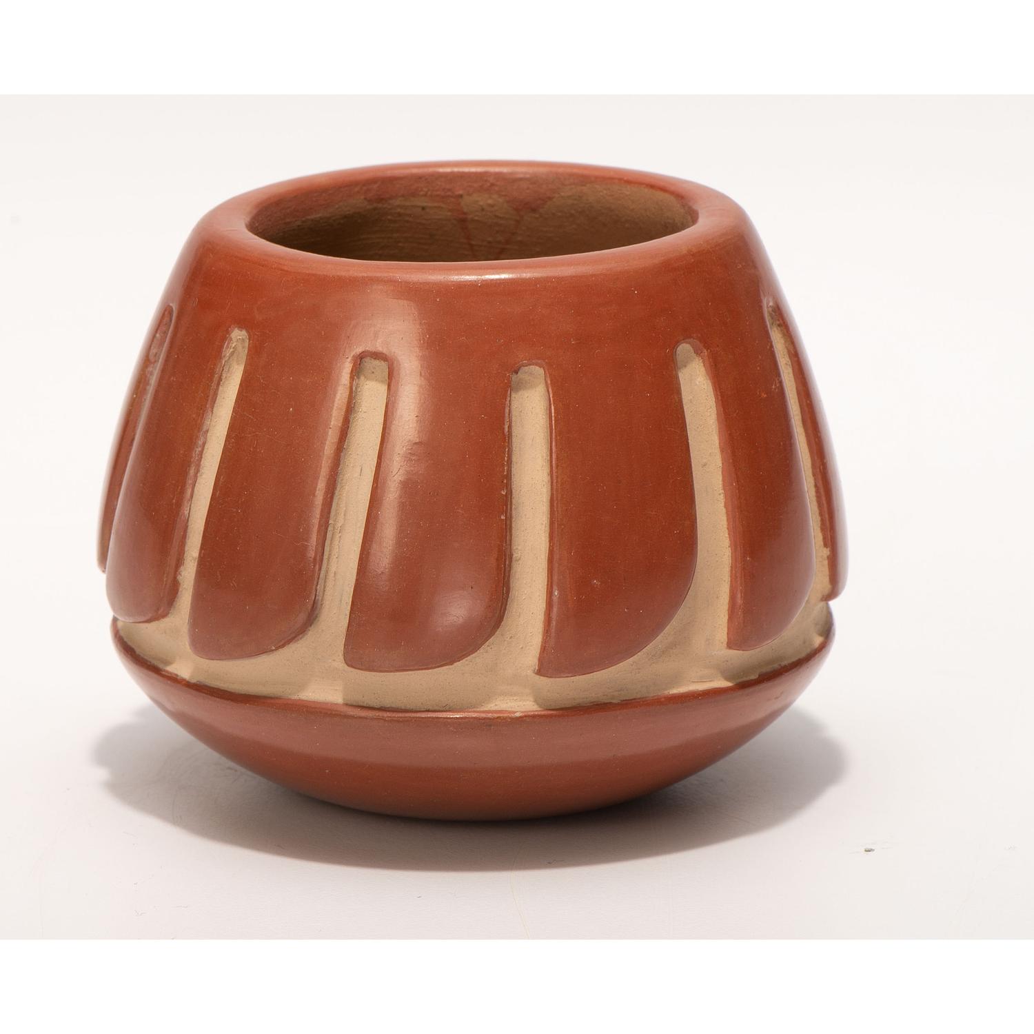 Carved Redware Jar, with Repeating Feather Design