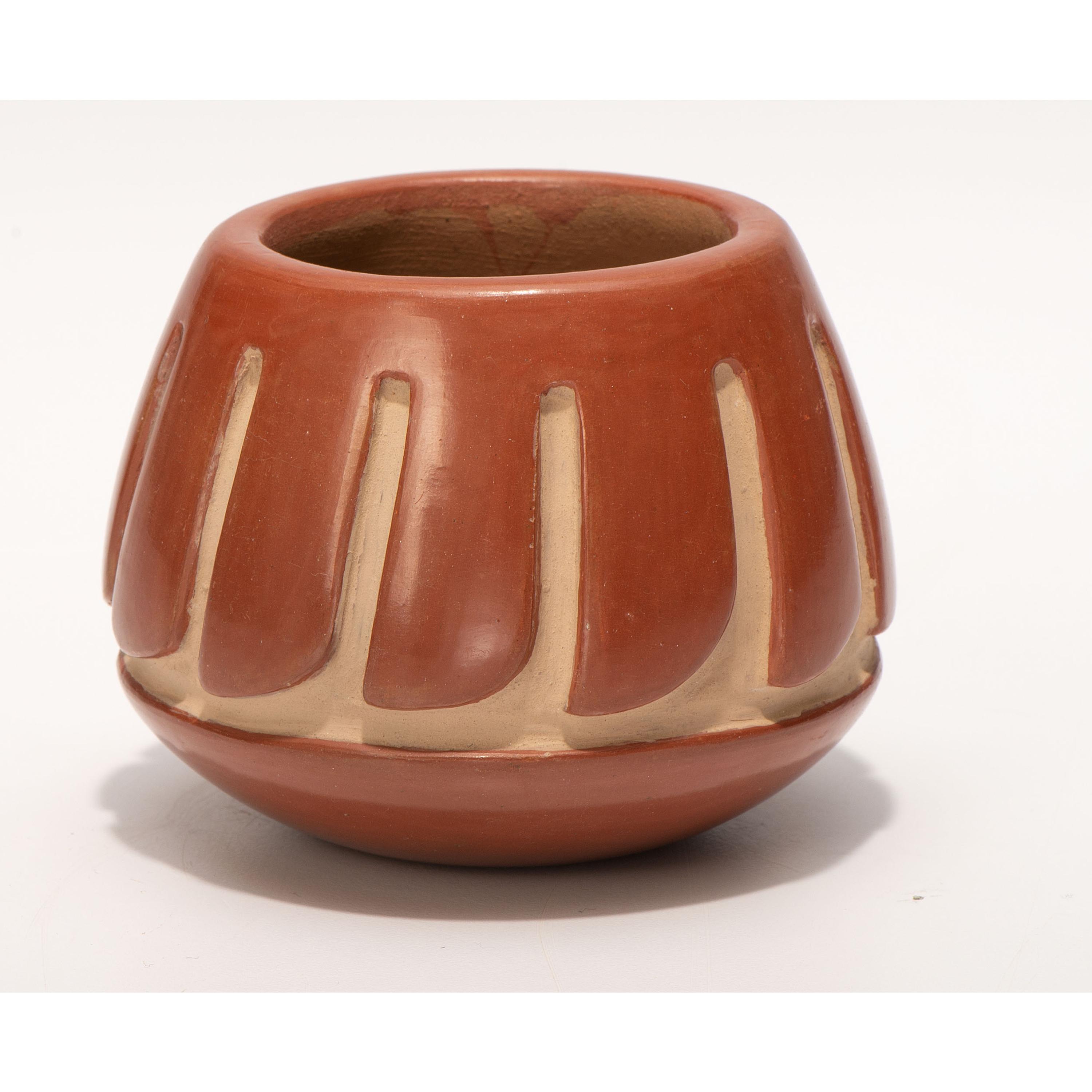 Carved Redware Jar, with Repeating Feather Design