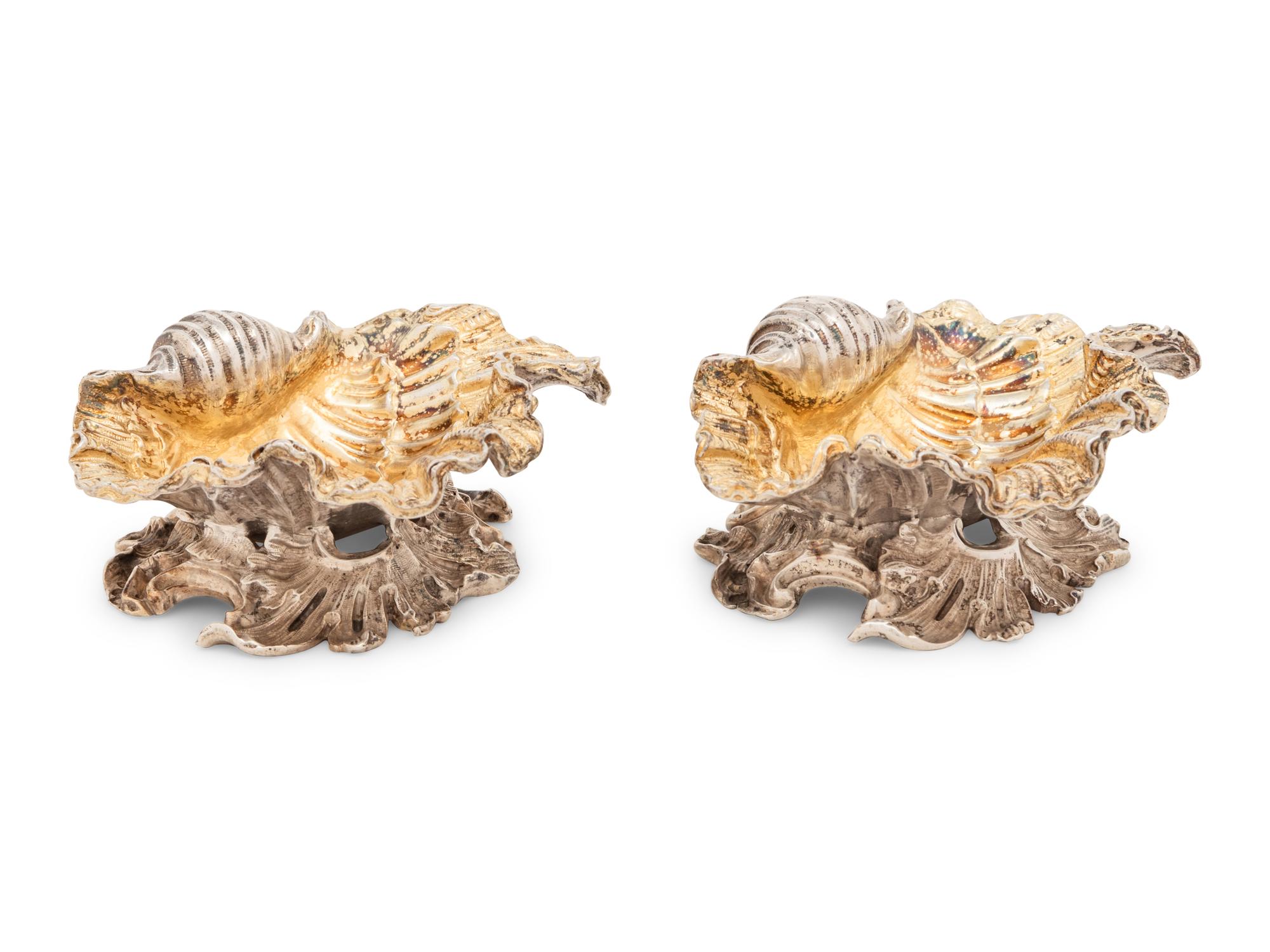 A Pair of William IV Parcel-Gilt Silver Shell-Form Salt Cellars