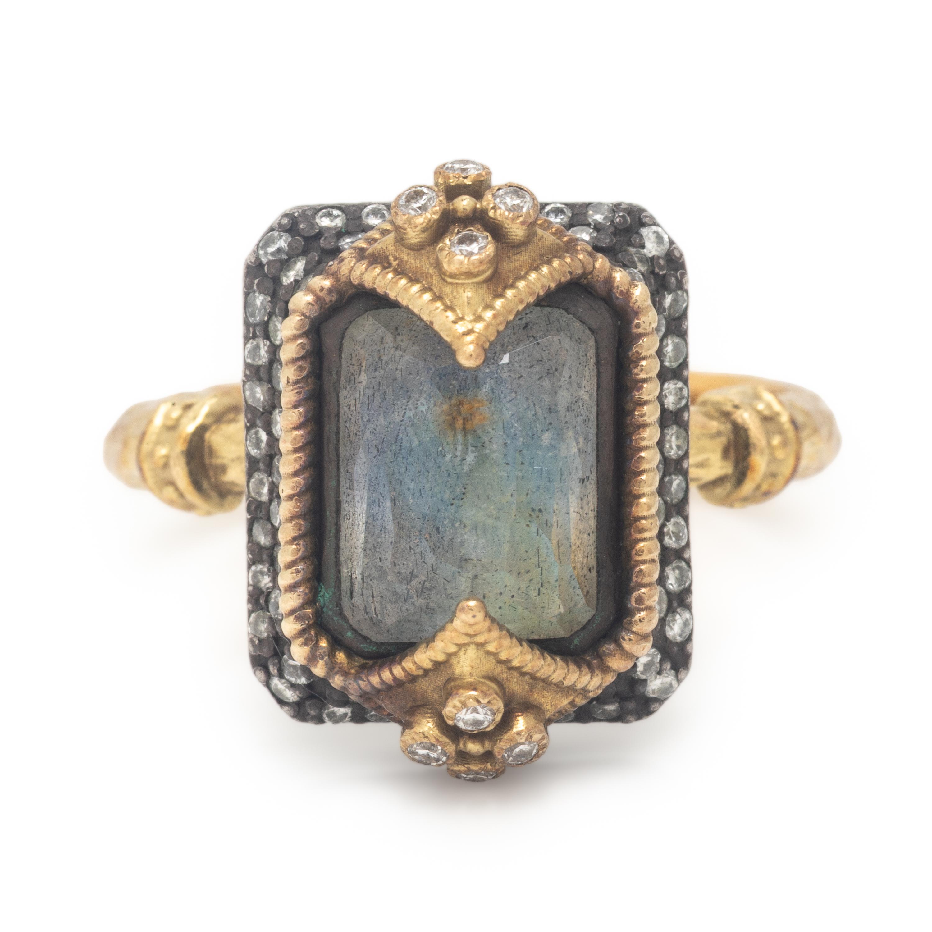 Labradorite, Diamond Ring, Silver, and Yellow Gold Ring
