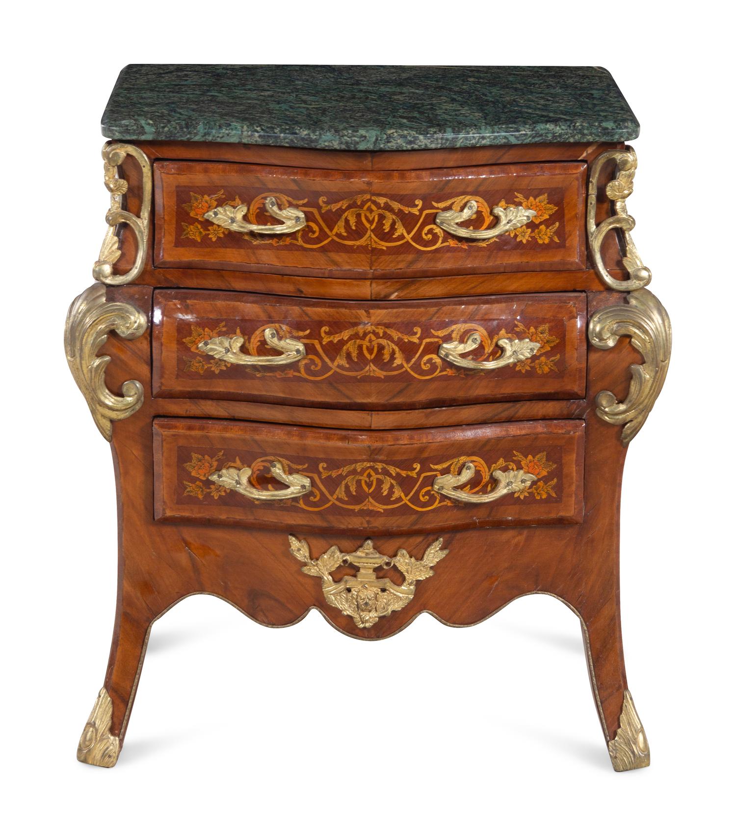 A Near Pair of Régence Style Gilt Metal Mounted Inlaid Kingwood Marble-Top Bombe Commodes
