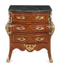 A Near Pair of Régence Style Gilt Metal Mounted Inlaid Kingwood Marble-Top Bombe Commodes