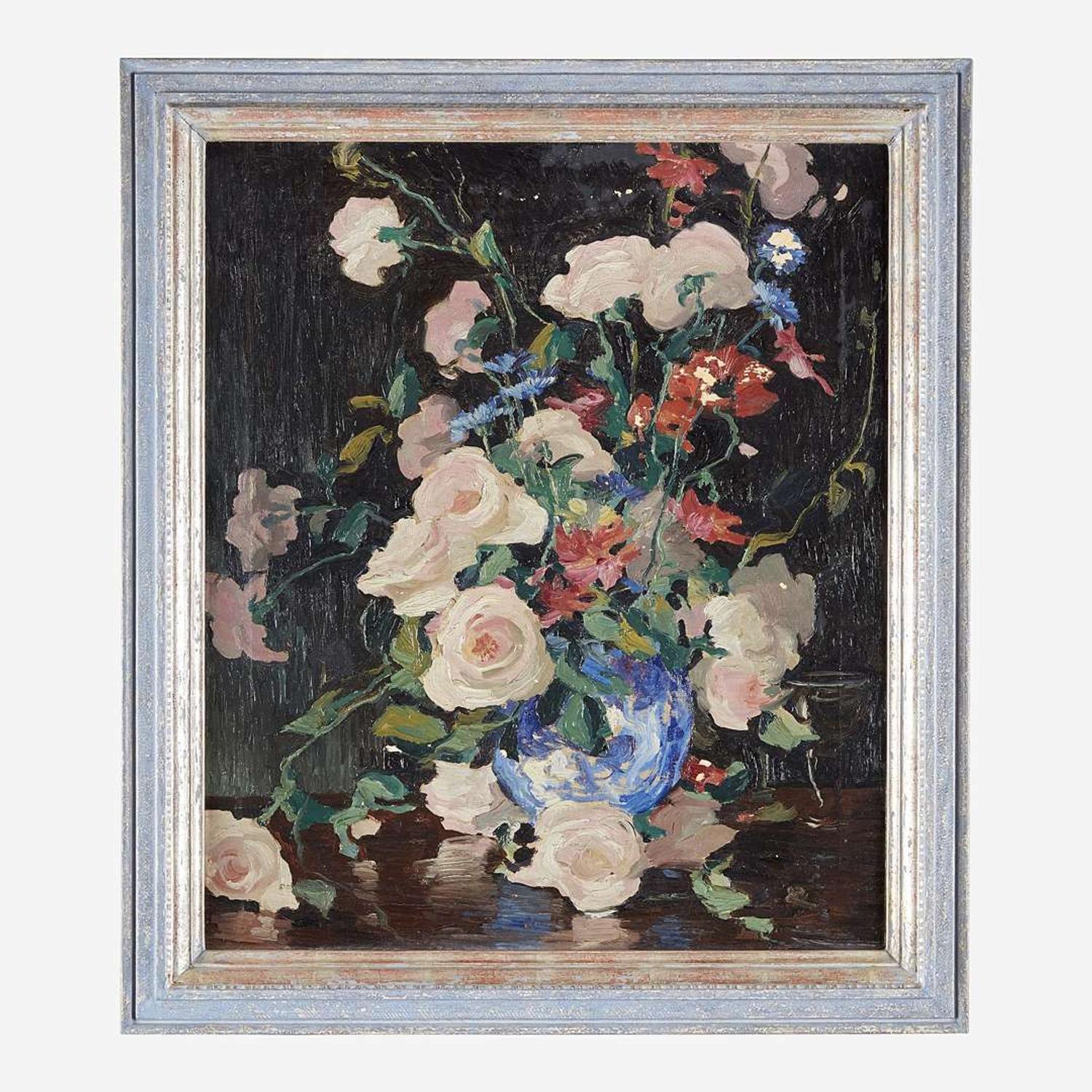 Jonas Lie (American/Norwegian, 1880–1940) Still Life with Roses, Poppies and Cornflowers in a Blue Porcelain Vase