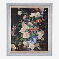 Jonas Lie (American/Norwegian, 1880–1940) Still Life with Roses, Poppies and Cornflowers in a Blue Porcelain Vase
