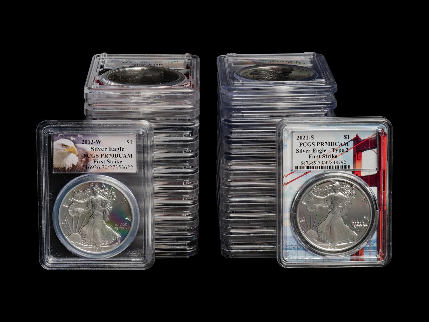 A Collection of Nineteen PCGS Garded PR70 DCAM Silver Eagle $1 Proof and Reverse Proof Coins