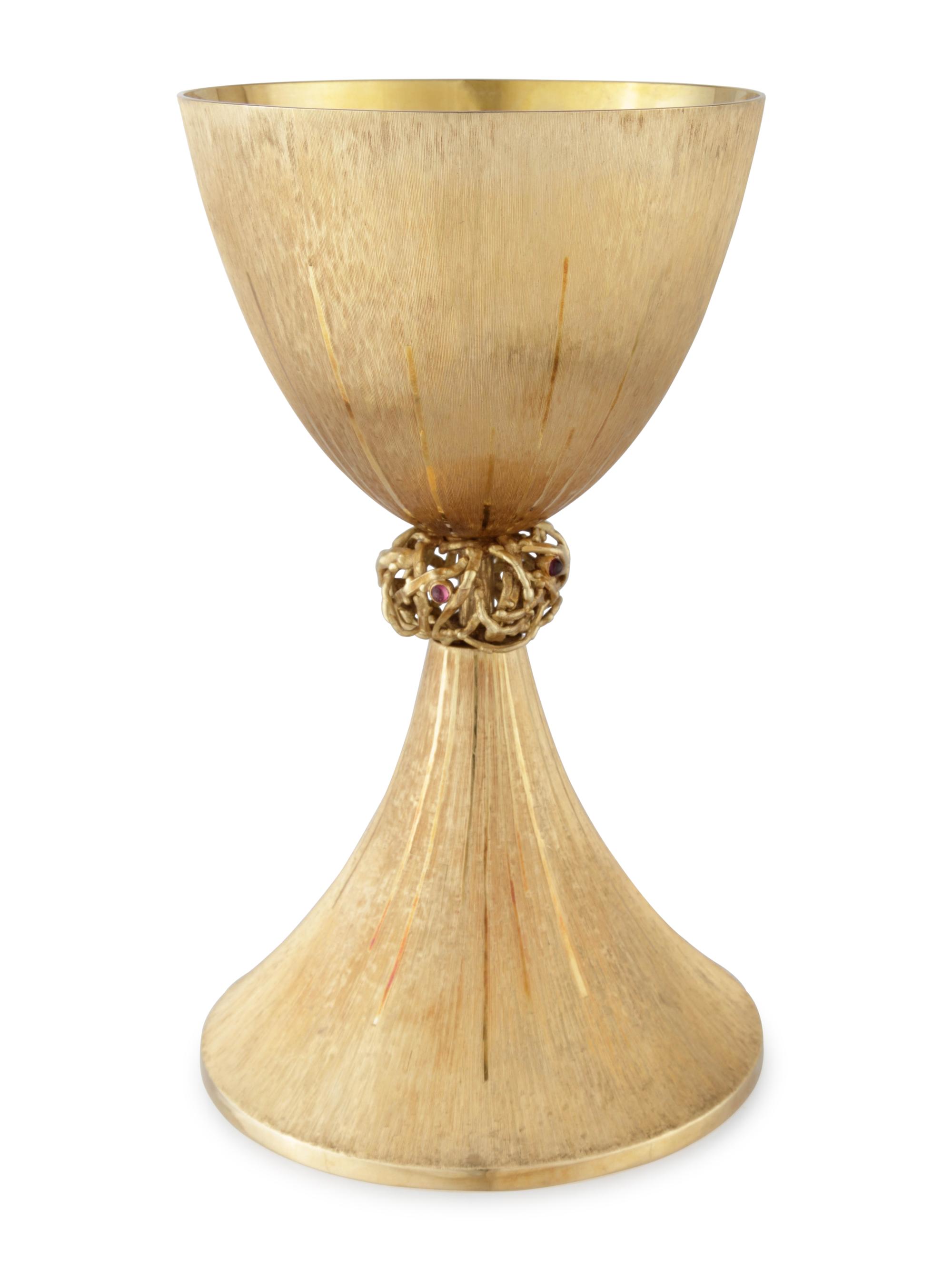 An Andrew Grima Designed 18-Karat Yellow Gold and Cabochon Ruby Inset Presentation Chalice