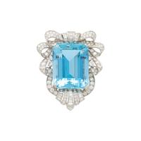 PLATINUM, AQUAMARINE, AND DIAMOND PENDANT BROOCH