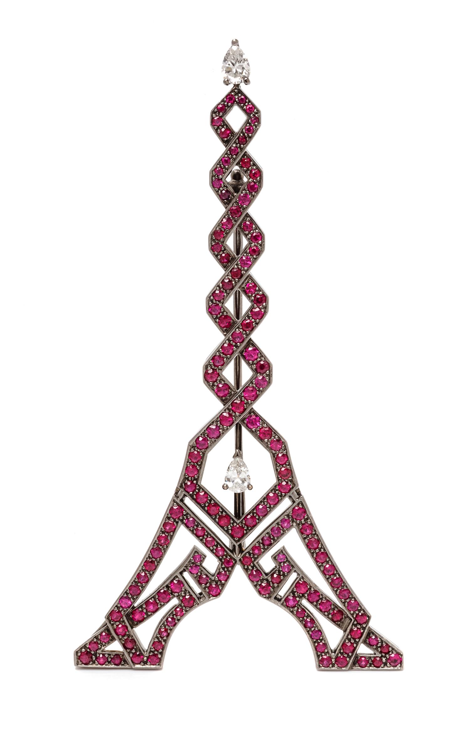 A Black Rhodium 18 Karat Gold, Diamond and Ruby Eiffel Tower Brooch, Boucheron, 13.00 dwts.