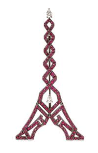 A Black Rhodium 18 Karat Gold, Diamond and Ruby Eiffel Tower Brooch, Boucheron, 13.00 dwts.