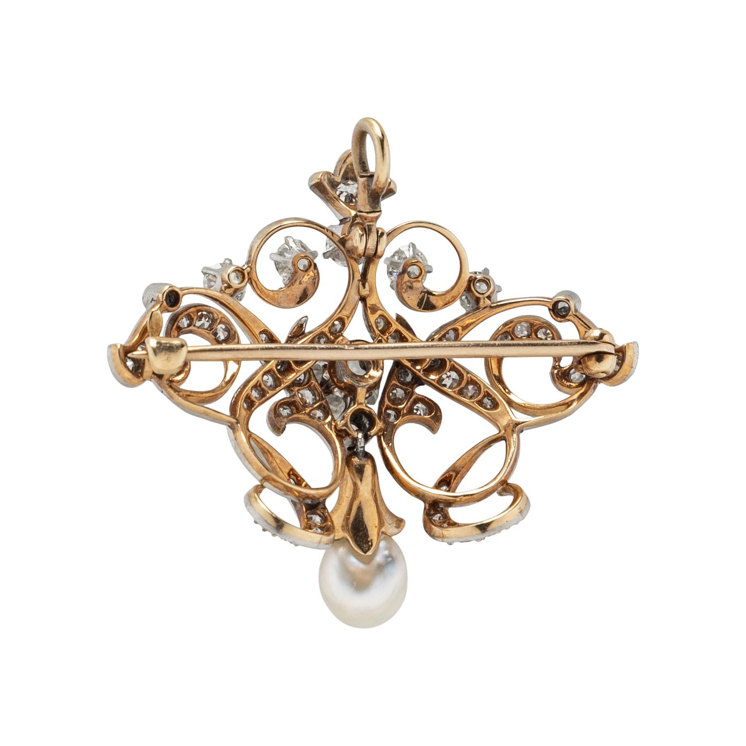 ANTIQUE, DIAMOND AND CULTURED PEARL BROOCH PENDANT