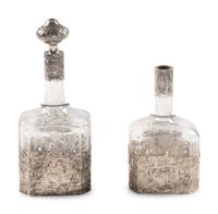 Two Silver Mounted Etched Glass Decanters