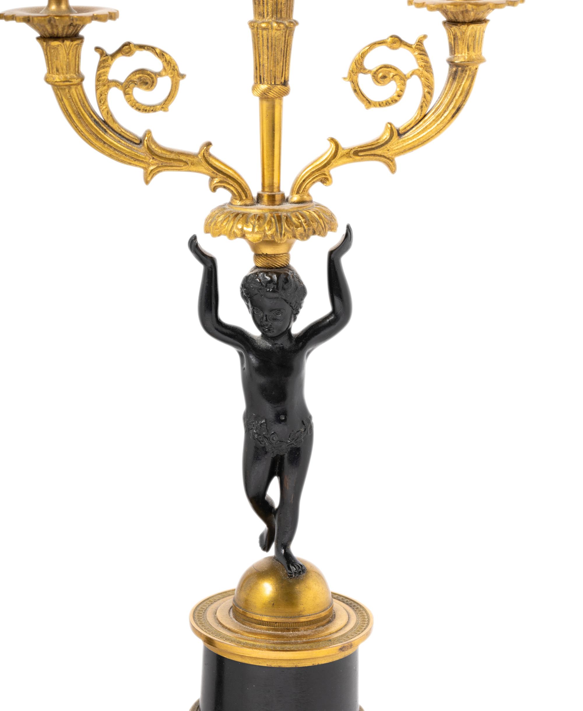 A Pair of Empire Style Parcel Gilt Metal Two-Light Candelabra