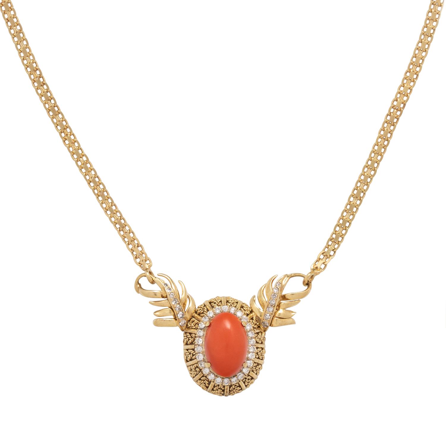 YELLOW GOLD, CORAL AND DIAMOND NECKLACE