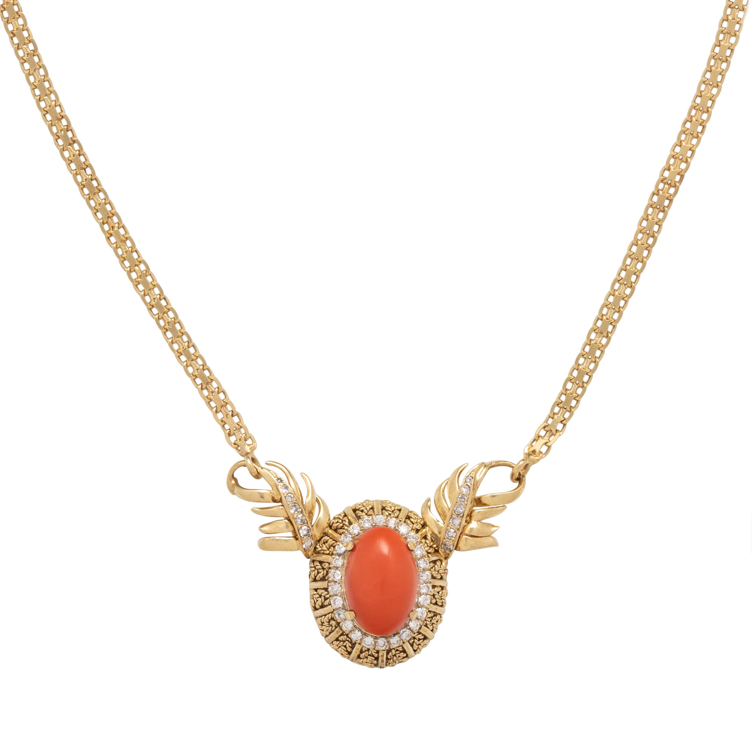 YELLOW GOLD, CORAL AND DIAMOND NECKLACE