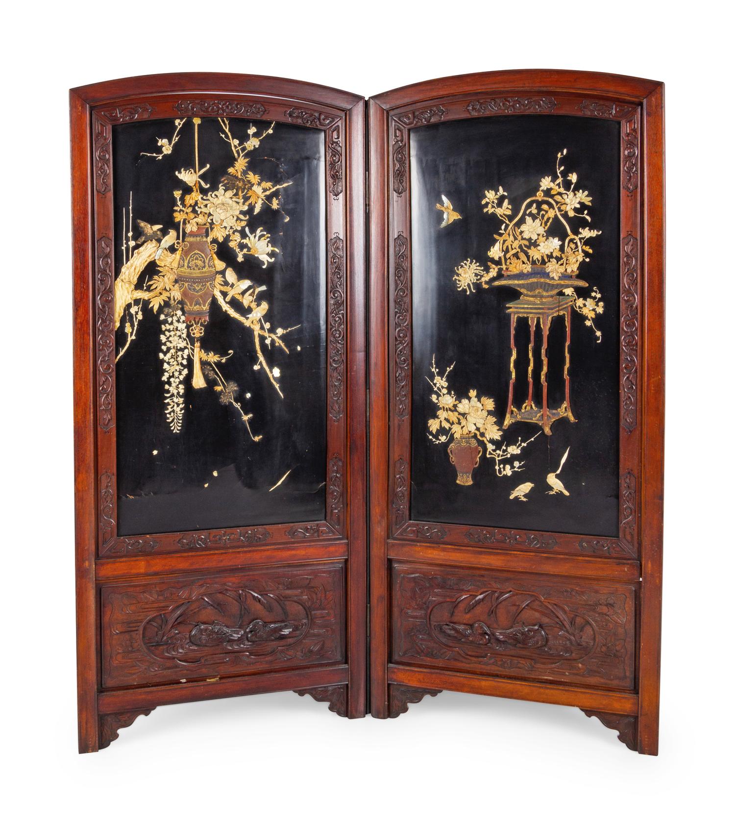 A Chinese Lacquered and Hardstone Inset Two-Panel Floorscreen