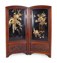 A Chinese Lacquered and Hardstone Inset Two-Panel Floorscreen