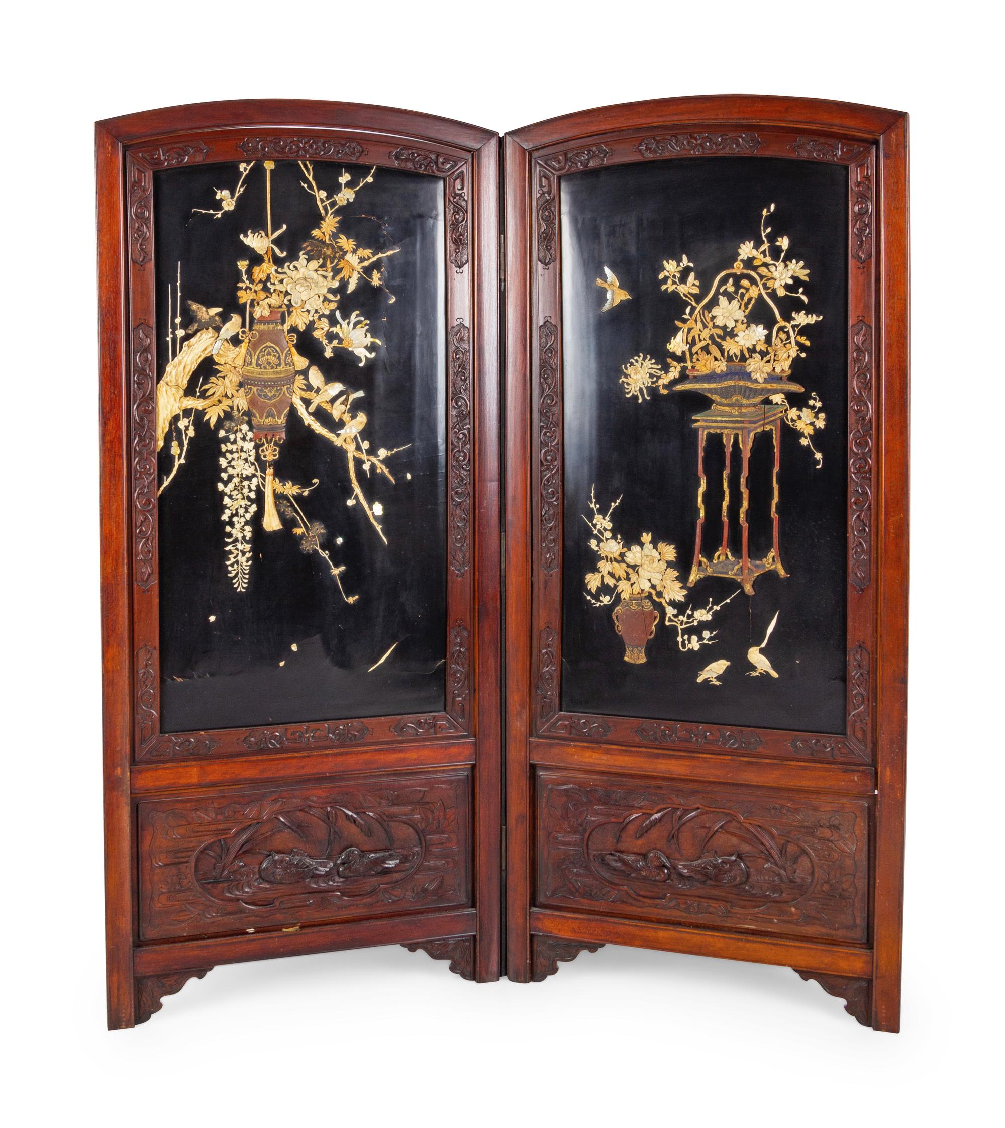 A Chinese Lacquered and Hardstone Inset Two-Panel Floorscreen