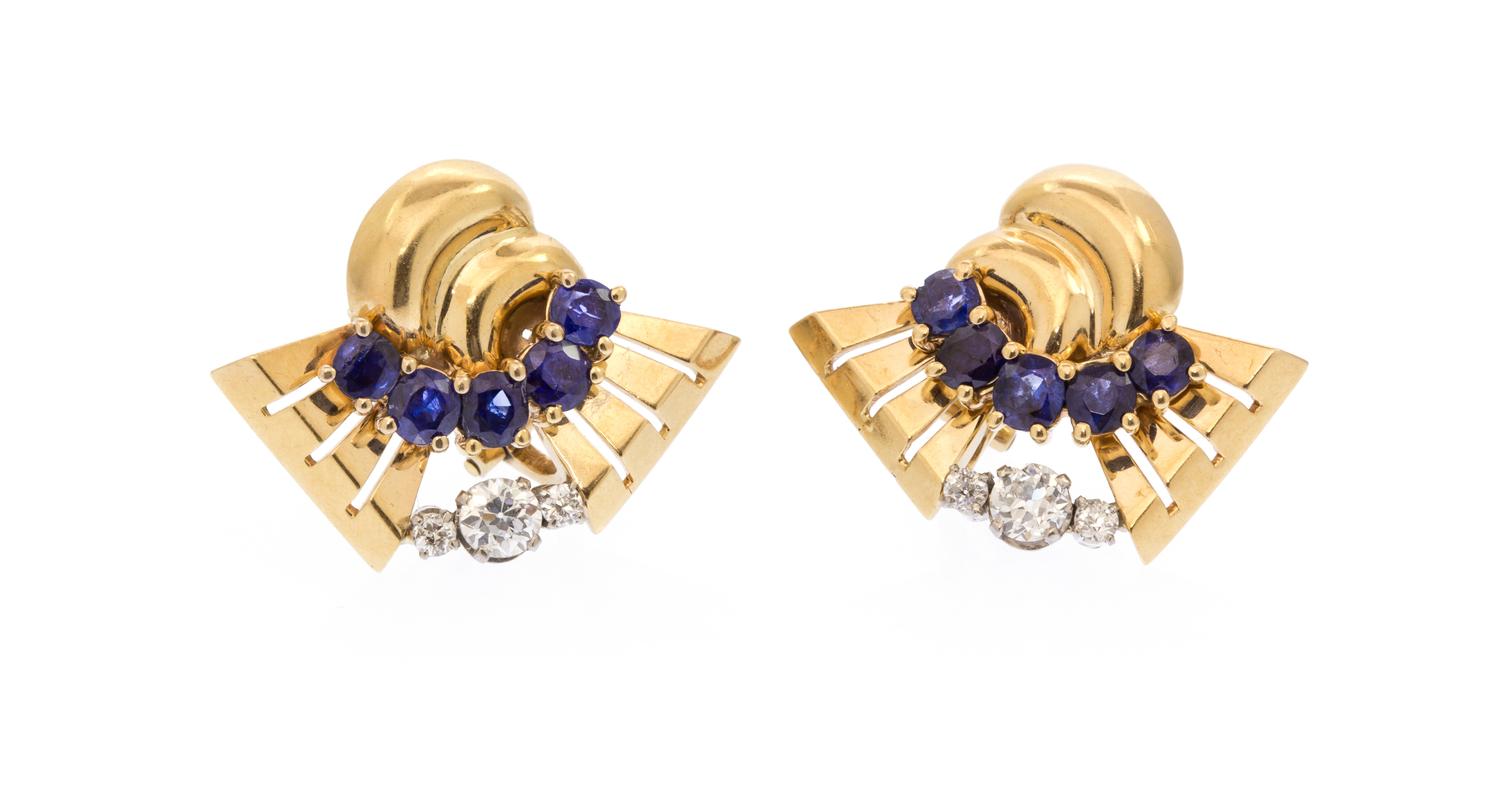 A Pair of 14 Karat Rose Gold, Diamond and Sapphire Earclips, Trabert & Hoeffer Mauboussin, 7.70 dwts.