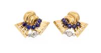 A Pair of 14 Karat Rose Gold, Diamond and Sapphire Earclips, Trabert & Hoeffer Mauboussin, 7.70 dwts.