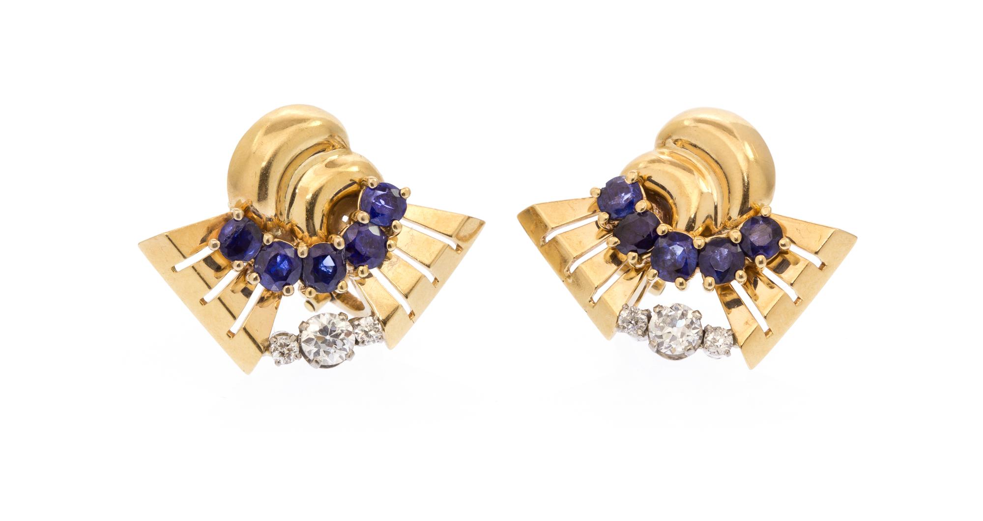 A Pair of 14 Karat Rose Gold, Diamond and Sapphire Earclips, Trabert & Hoeffer Mauboussin, 7.70 dwts.
