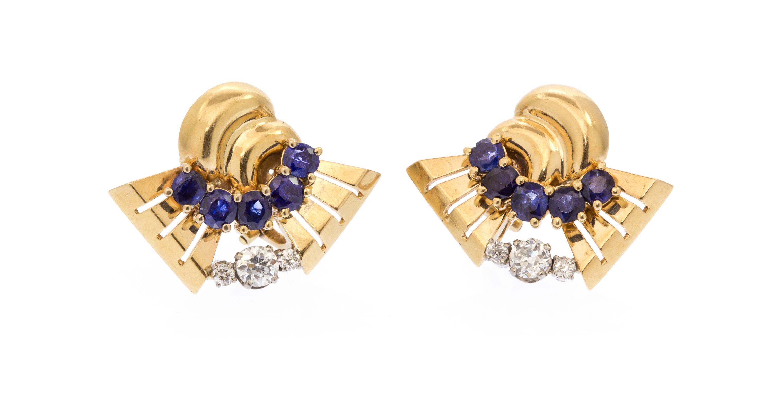 A Pair of 14 Karat Rose Gold, Diamond and Sapphire Earclips, Trabert & Hoeffer Mauboussin, 7.70 dwts.
