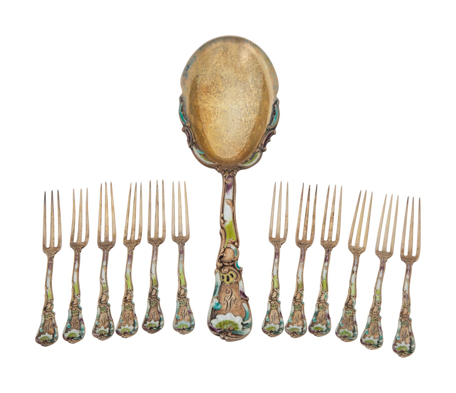 Twelve American Vermeil Silver and Enamel Strawberry Forks and Serving Spoon — GORHAM MFG., PROVIDENCE, RI