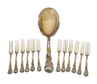 Twelve American Vermeil Silver and Enamel Strawberry Forks and Serving Spoon — GORHAM MFG., PROVIDENCE, RI