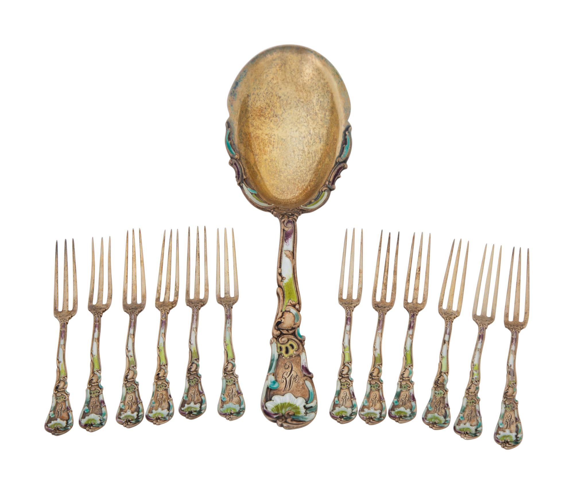 Twelve American Vermeil Silver and Enamel Strawberry Forks and Serving Spoon — GORHAM MFG., PROVIDENCE, RI