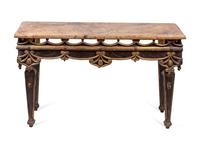 A Pair of Italian Painted and Parcel Gilt Faux Marble-Top Console Tables