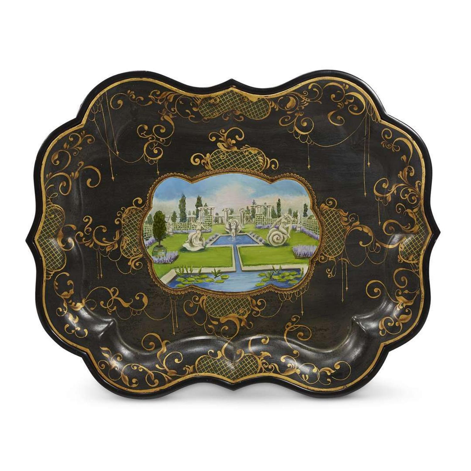 Two Victorian style tôle peinte trays on japanned chinoiserie stands contemporary
