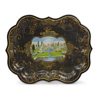 Two Victorian style tôle peinte trays on japanned chinoiserie stands contemporary