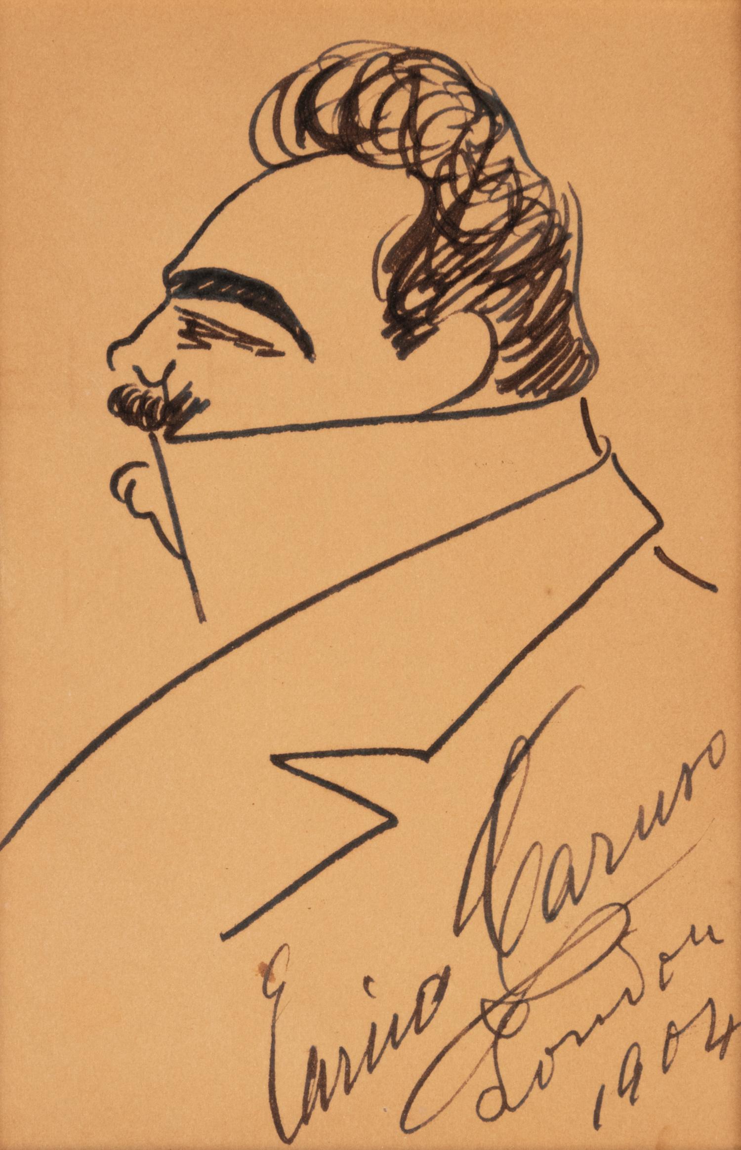 CARUSO, Enrico (1873-1921). Original drawing, profile self portrait caricature, in pen and ink, signed and dated lower right ("Enrico Caruso London 1904").