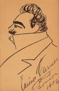 CARUSO, Enrico (1873-1921). Original drawing, profile self portrait caricature, in pen and ink, signed and dated lower right ("Enrico Caruso London 1904").
