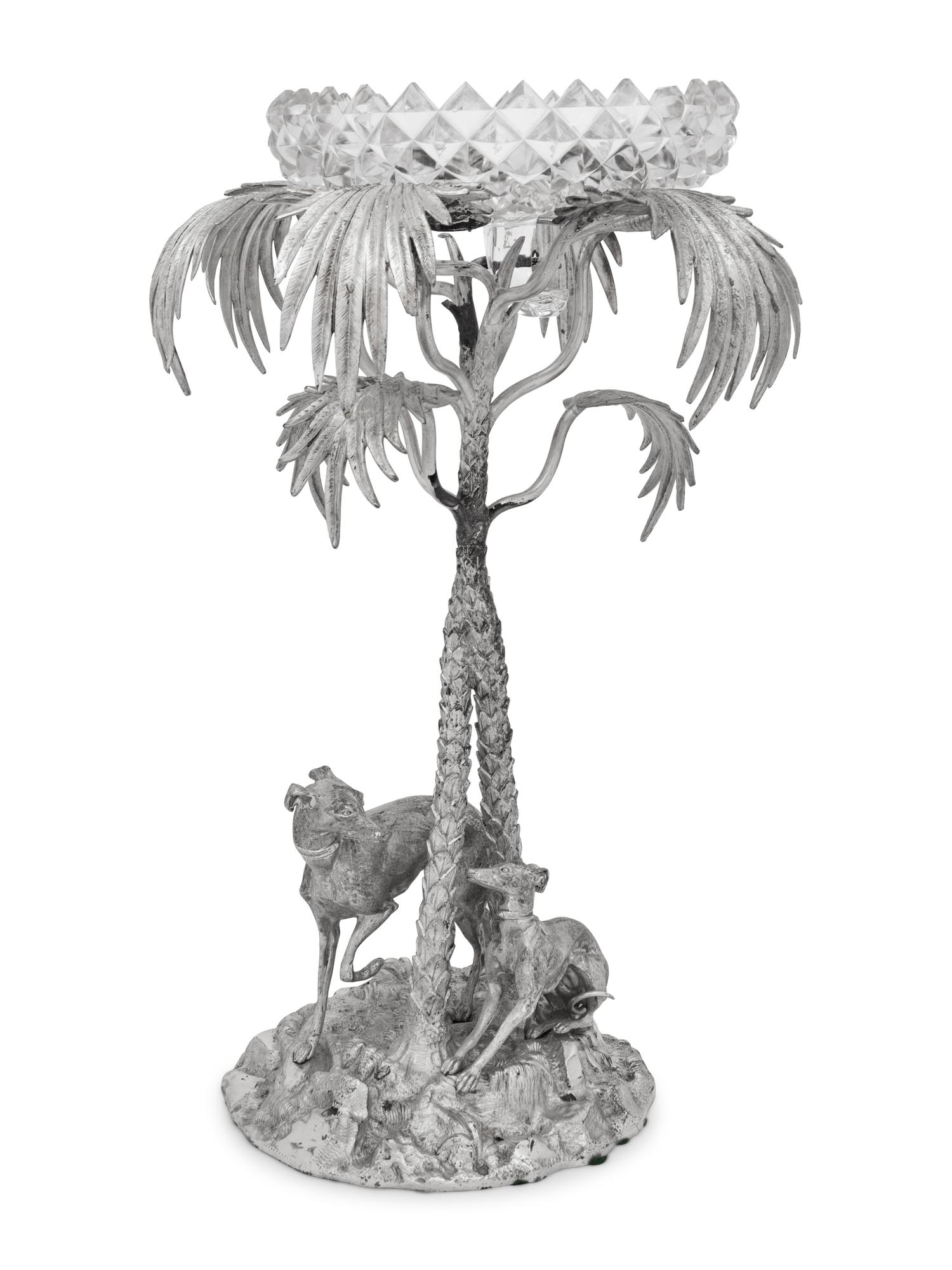 A Silvered Metal and Cut Glass Centerpiece