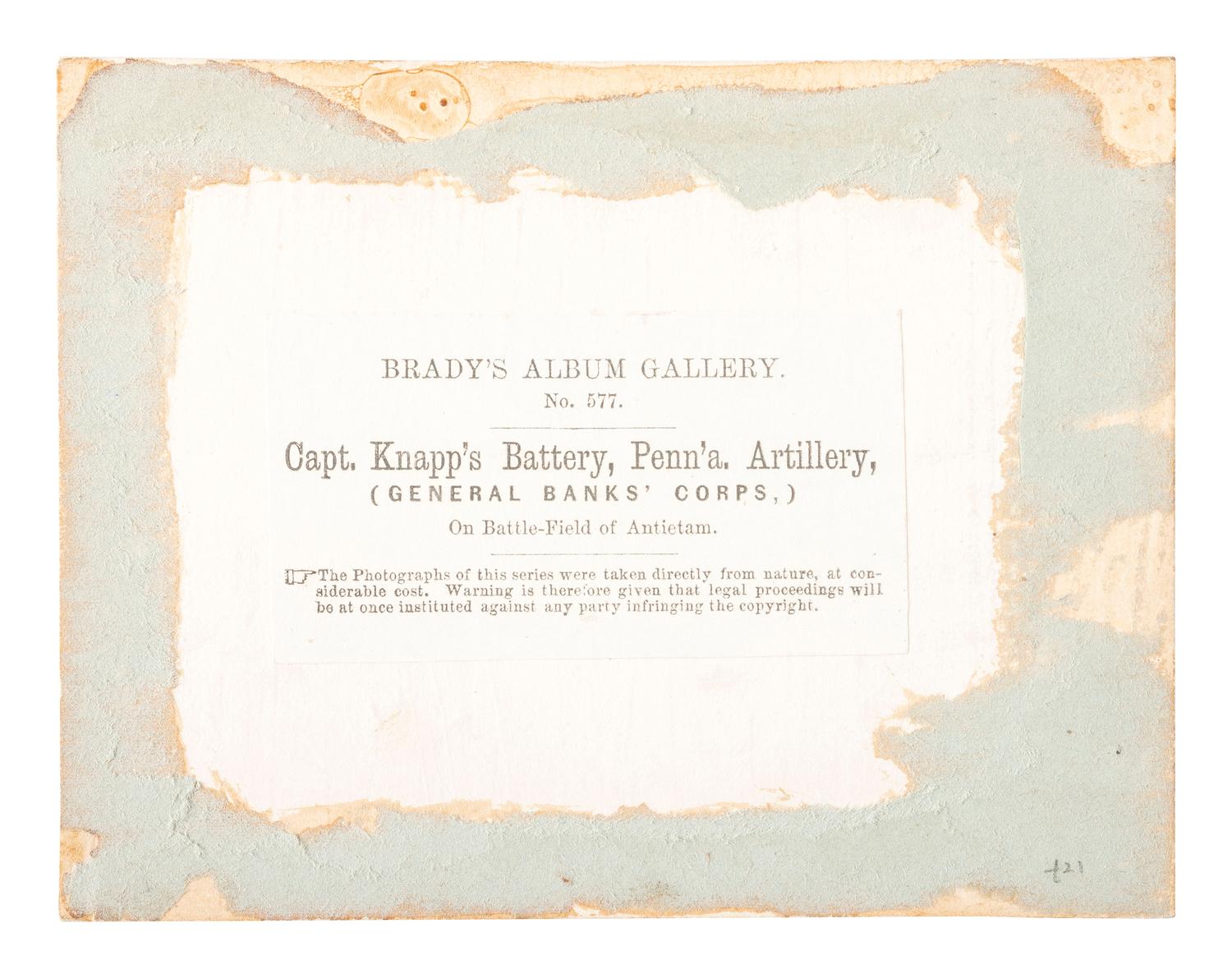 [CIVIL WAR]. GARDNER, Alexander (1821-1882), photographer. Capt. Knap’s Battery, Penn'a. Artillery, (General Banks' Corps,) On Battle-Field of Antietam . Washington, DC: Gardner & Gibson, 1862.