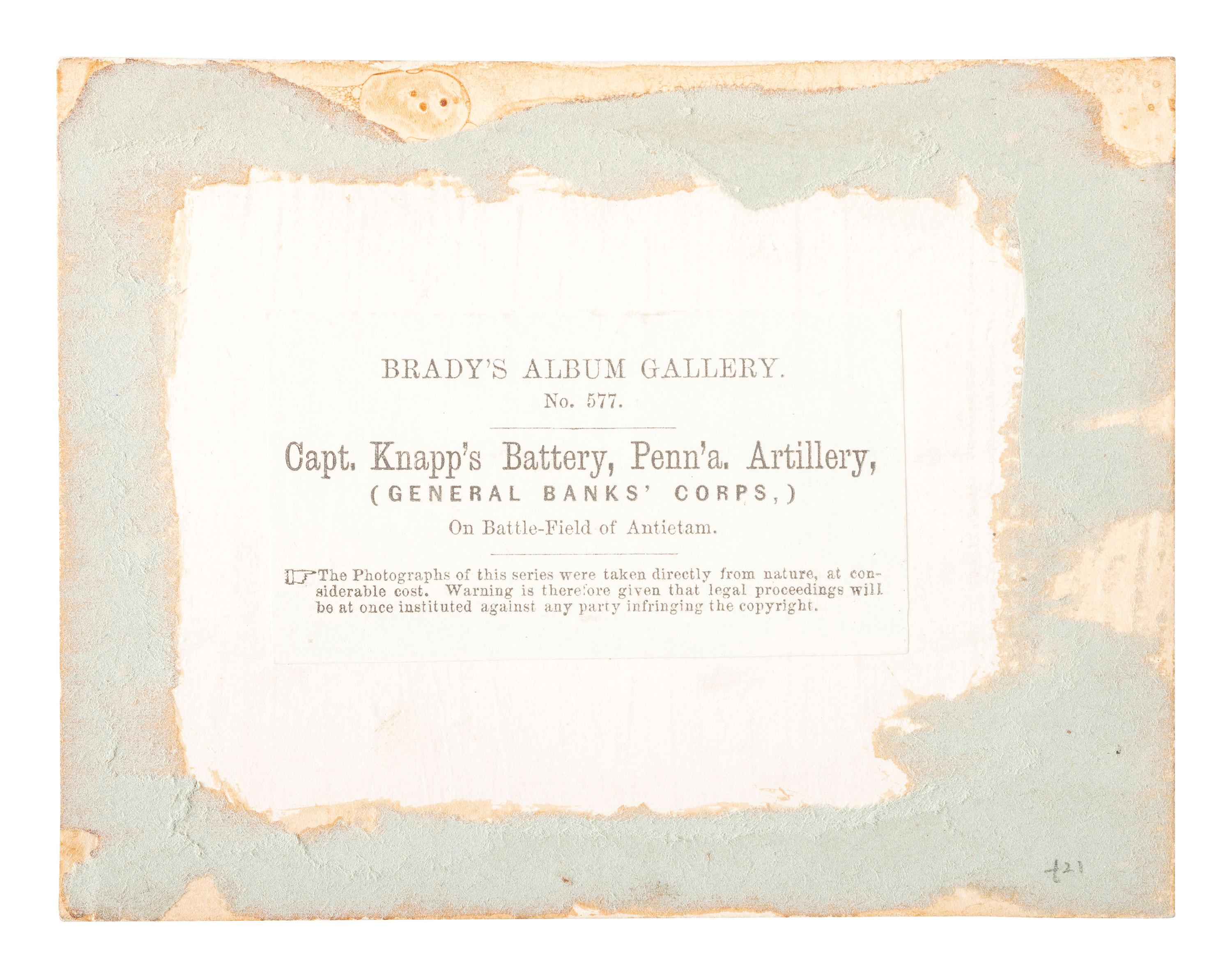 [CIVIL WAR]. GARDNER, Alexander (1821-1882), photographer. Capt. Knap’s Battery, Penn'a. Artillery, (General Banks' Corps,) On Battle-Field of Antietam . Washington, DC: Gardner & Gibson, 1862.