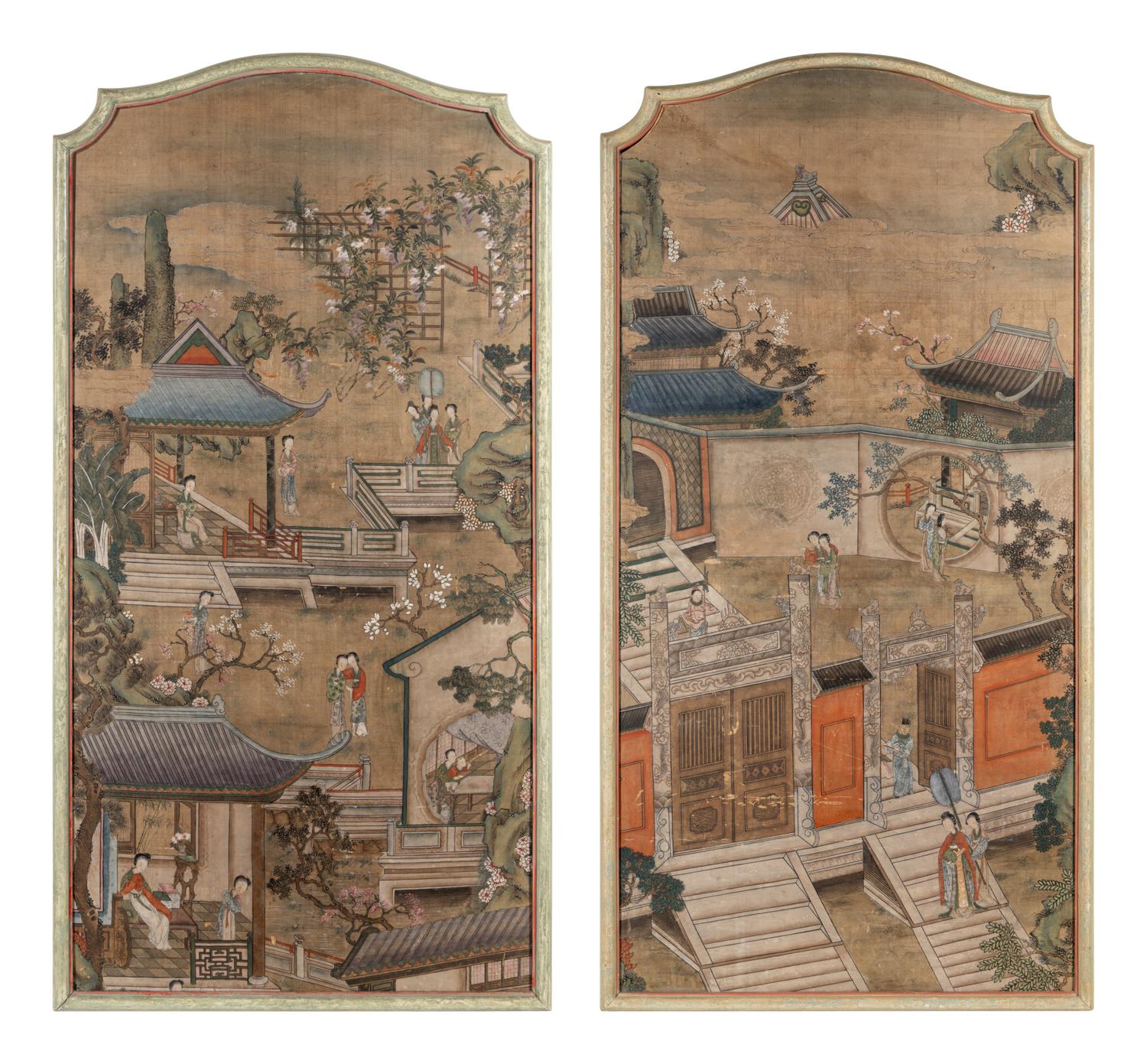 A Pair of Chinese Ink and Color on Silk Scroll Paintings