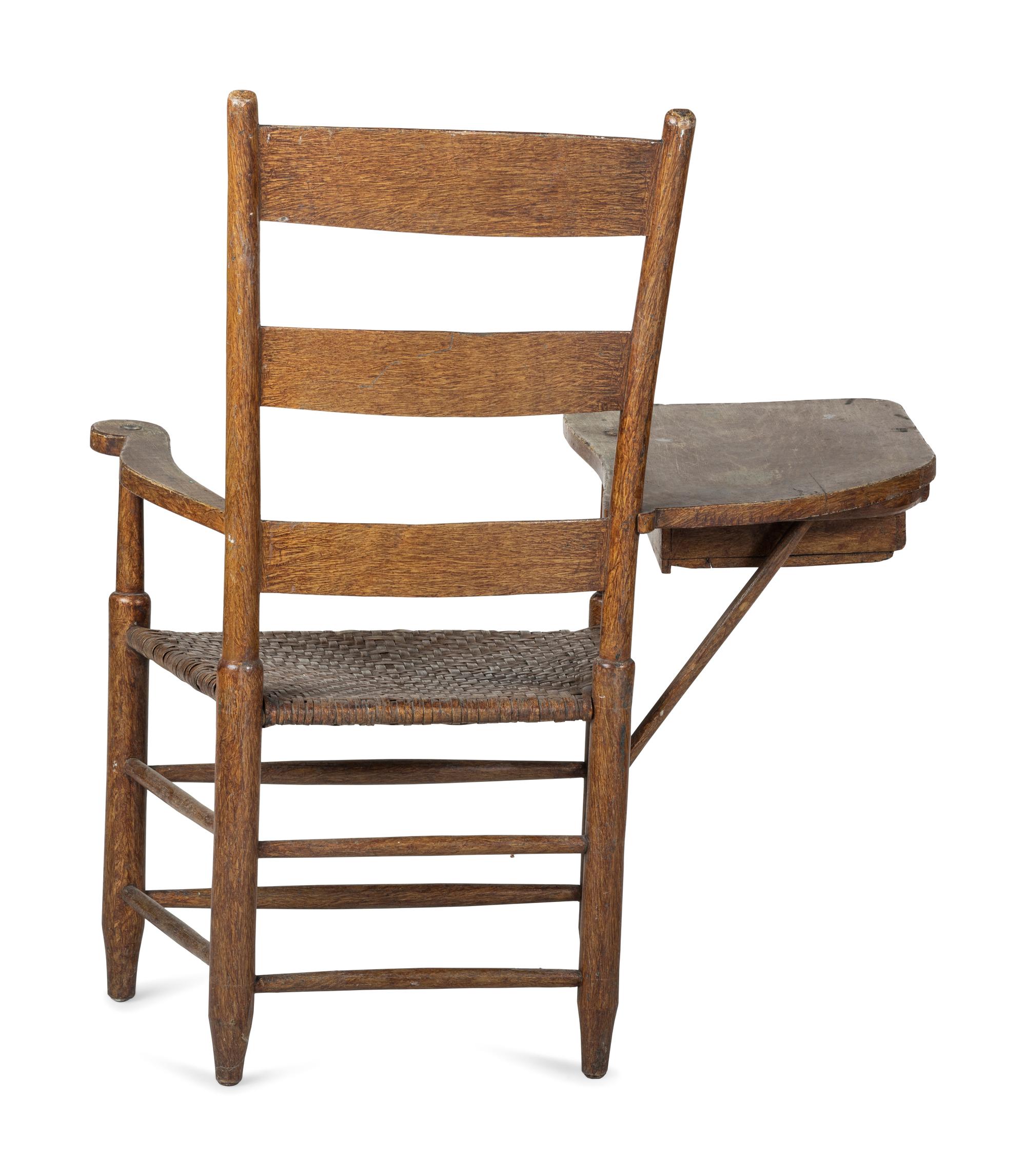A Grain Paint Decorated Woven Reed-Seat Ladder-Back Writing Armchair