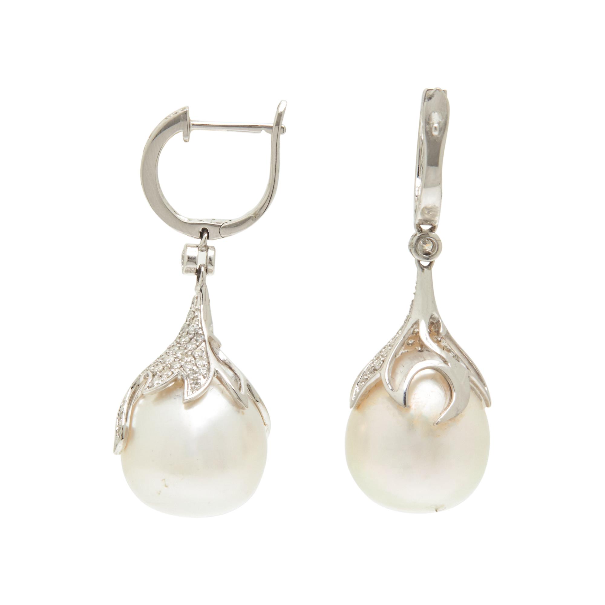WHITE GOLD, CULTURED SOUTH SEA PEARL, AND DIAMOND EARRINGS
