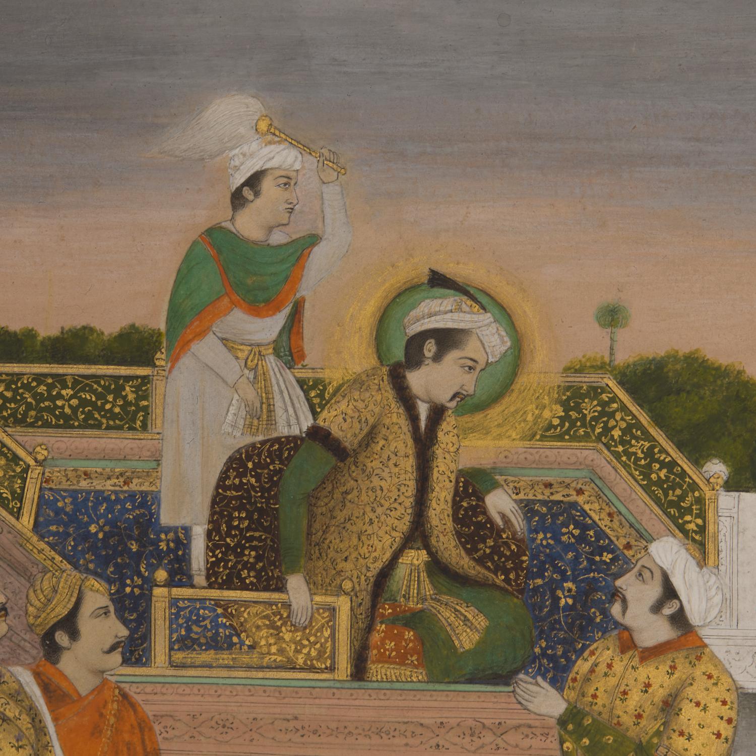 A Fine Mughal School Folio Painting of Emperor Jahangir with Four Courtiers, India, Lucknow, Uttar Pradesh or Delhi, First Half of 20th Century